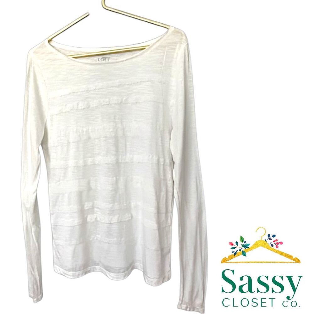 LOFT White Cotton Modal Long Sleeve Lace Front Tee M Medium EUC
